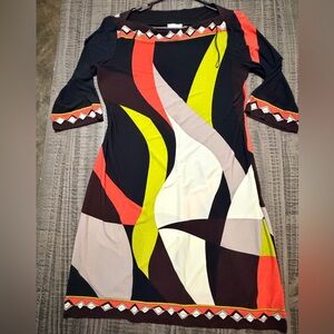Donna Morgan Black Abstract Wave Print Long Sleeve Dress with Neon Accents